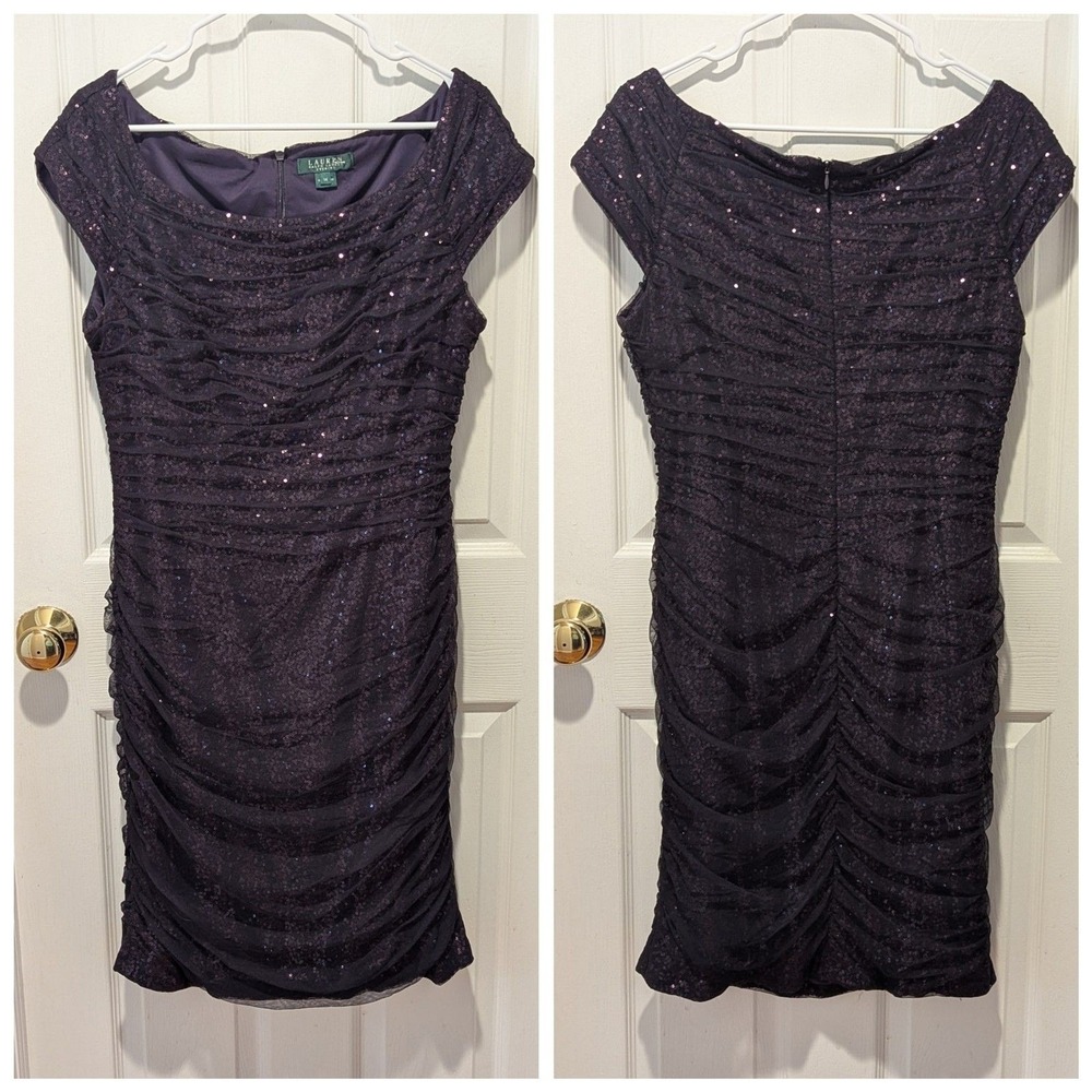 Vintage Y2K LAUREN Ralph Lauren Size 14 Purple Sequin Sheath‎ Evening Mini Dress